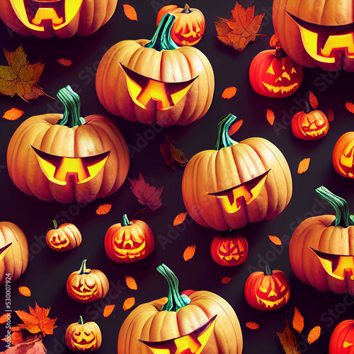 halloween pumpkins and autumn leaves pattern, holiday illustration, textures, wallpapers