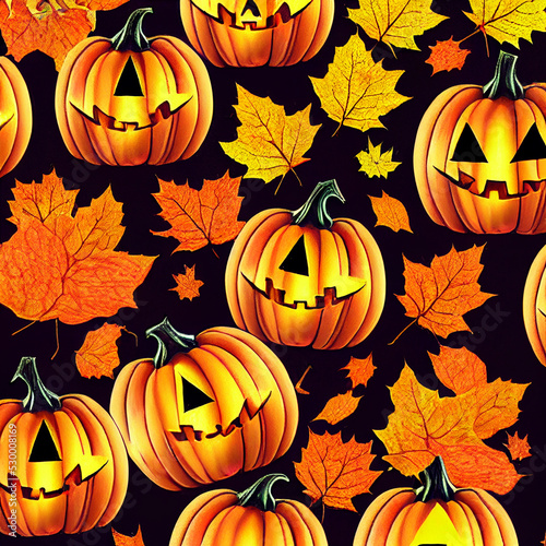 halloween pumpkins and autumn leaves pattern, holiday illustration, textures, wallpapers