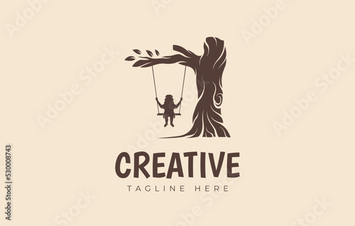 Daycare Children Wood Logo Design Template. Child Playing Swing Under Tree.