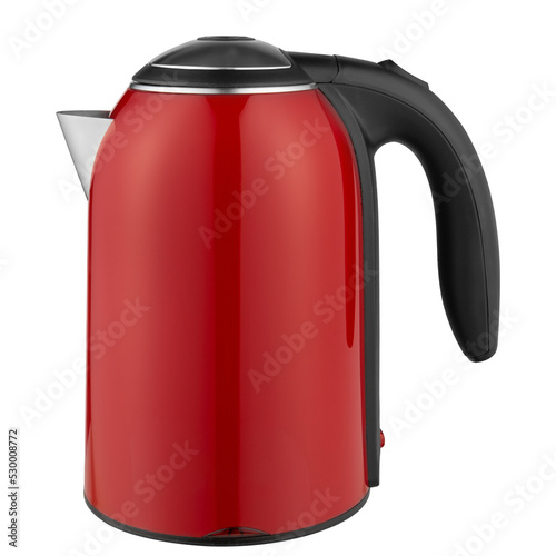 Red electric kettle, glossy plastic finish, side view, on a white background, isolate photo