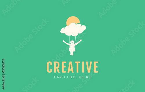 Child Playing Swing On Clouds Logo Design Template. Reaching Dream Logo Icon Illustration