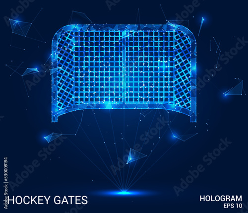 A hologram of a hockey goal. Hockey gates made of polygons, triangles of dots and lines. hockey goal icon is a low-poly compound structure. Technology concept vector.