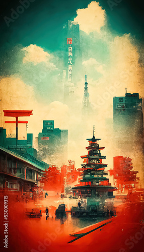 Urban landscape of Japan on a vintage poster, red dominant, for flyer design on futuristic Japanese culture 
