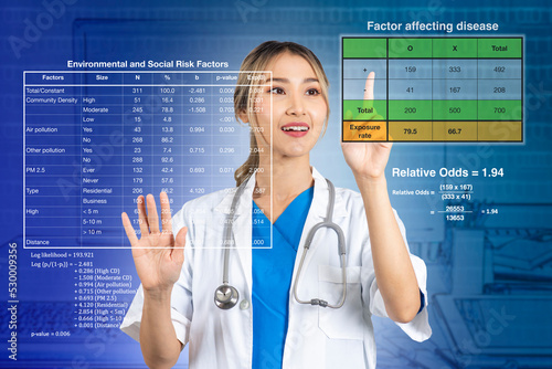 Female doctor looking at results of an analysis of disease risk factors and medical statistics.
