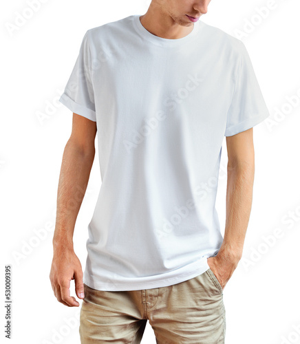 PNG. White t-shirt mockup on man isolated on transparent background