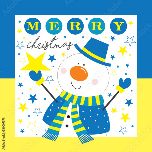 christmas card with cute snowman, stars and ukraine flag color