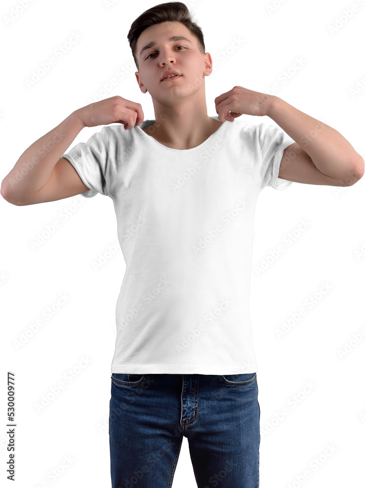 PNG. White t-shirt mockup on guy, isolated on transparent background PNG. White t-shirt mockup on guy, isolated on transparent background