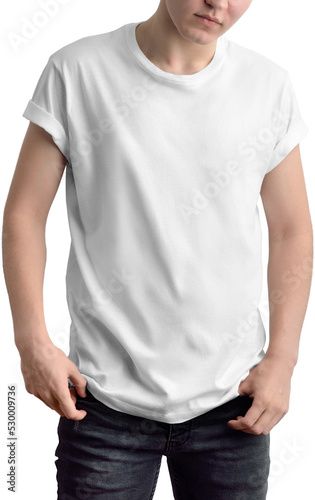 PNG. White t-shirt mockup on guy, isolated on transparent background