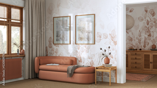 Elegant living room in orange and beige tones with carpeted floor, wallpaper and fabric sofa. Minimalist classic interior design