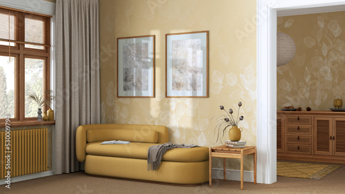 Elegant living room in yellow and beige tones with carpeted floor  wallpaper and fabric sofa. Minimalist classic interior design