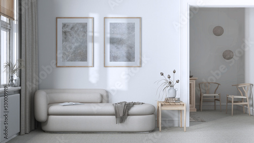 Classic minimal living room in white and beige tones with carpeted floor and fabric sofa. Elegant vintage interior design © ArchiVIZ