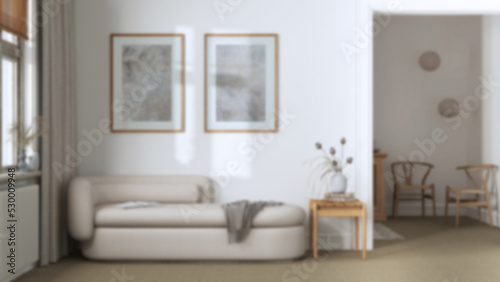 Blurred background, classic minimal living room with carpeted floor, wallpaper and fabric sofa. Elegant vintage interior design