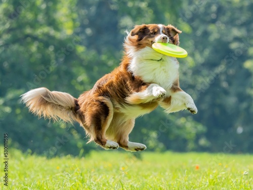 The dog catches the disk on the green grass photo