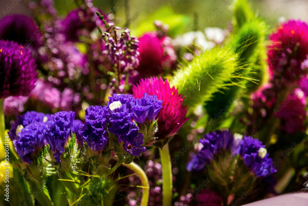 Part of a bouquet of multicolored small flowers in a package Part of a bouquet of multicolored small flowers in a package