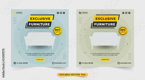 Exclusive furniture store social media post vector with abstract shapes. Furniture discounts offer web banner designs with soft color backgrounds. Furniture sale and promotion banner vector.