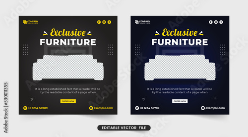 Modern furniture sale banner and social media post vector with dark backgrounds. Furniture store promotion and digital marketing web banner design. Exclusive furniture sale advertisement template.