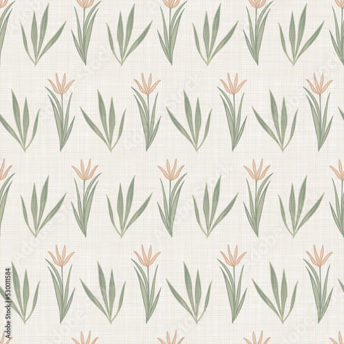 Fototapeta Naklejka Na Ścianę i Meble -  Horizontal rows of brown flowers. Tulips and leaves. Regular repeating pattern. Texture of linen fibers. Vector background for cards, wrapping or wallpaper.