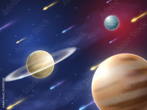 galaxy background with planet and meteor shower