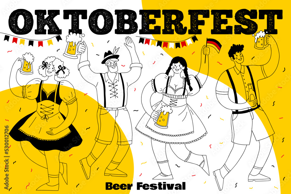 Oktoberfest banner. Beer festival. Different people in national German costumes drink beer and have fun. Vector hand drawn illustration.