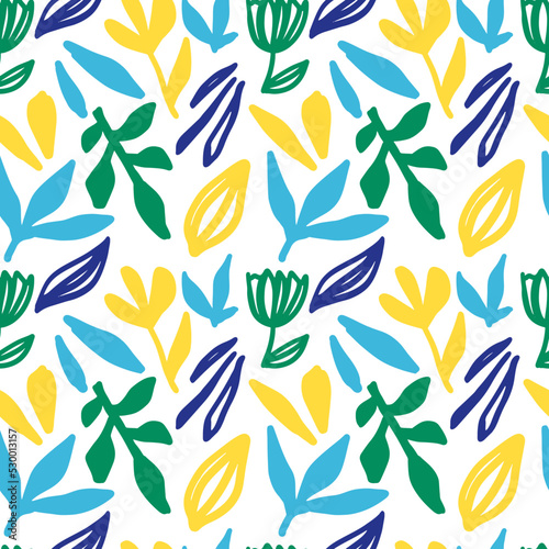 Abstract seamless pattern. Children s print. Simple abstract branches and flowers. White background. Yellow. Blue. Green. Abstraction. Fabric print. Floral pattern.