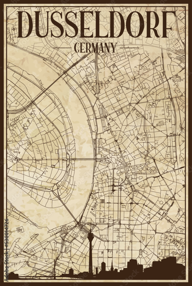 Fototapeta premium Black printout streets network map with city skyline of the downtown DUSSELDORF, GERMANY on a vintage paper framed background