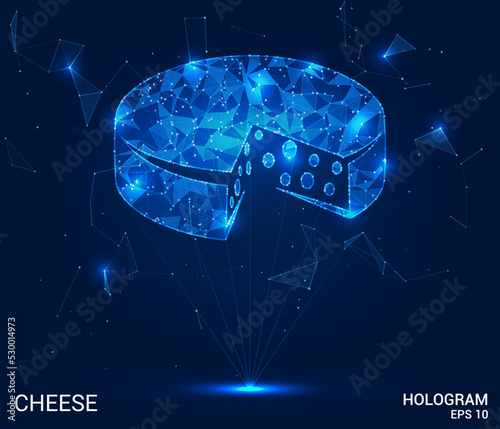 Fototapeta Naklejka Na Ścianę i Meble -  A hologram of cheese. Cheese made of polygons, triangles of points and lines. Cheese icon is a low-poly compound structure. Technology concept vector.