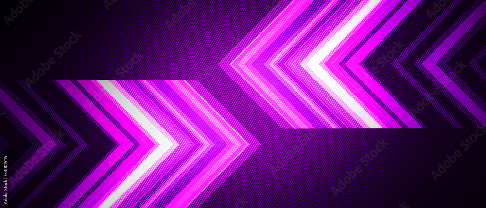 Abstract purple arrow glowing with lighting and line grid on blue background