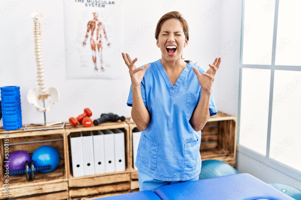 Middle age hispanic physiotherapist woman working at pain recovery clinic celebrating mad and crazy for success with arms raised and closed eyes screaming excited. winner concept Middle age hispanic physiotherapist woman working at pain recovery clinic celebrating mad and crazy for success with arms raised and closed eyes screaming excited. winner concept