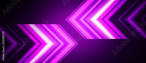 Abstract purple arrow glowing with lighting and line grid on blue background