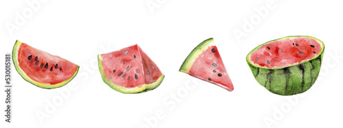 Fototapeta Naklejka Na Ścianę i Meble -  Watercolor of watermelon slices and seeds. Summer fruit red background. Watermelon patter