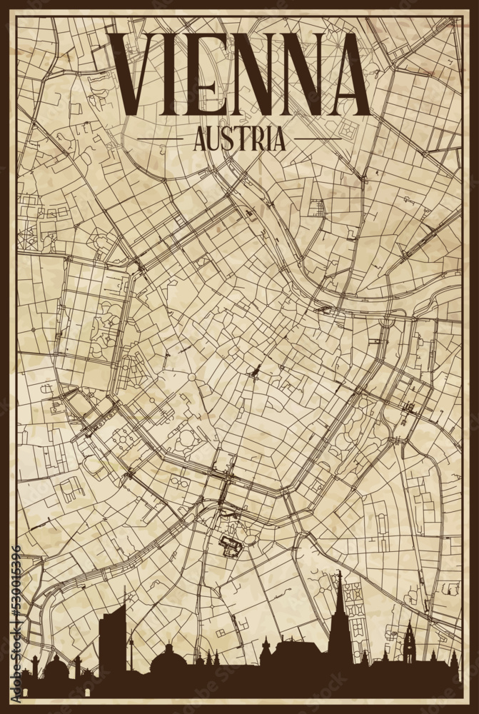 Obraz premium Black printout streets network map with city skyline of the downtown VIENNA, AUSTRIA on a vintage paper framed background