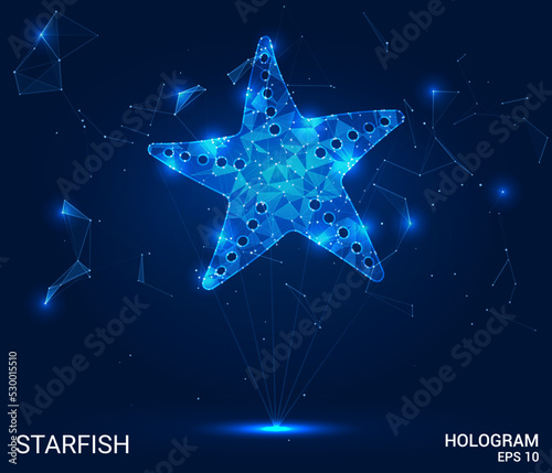A hologram of a starfish. A starfish made of polygons, triangles of points and lines. The starfish icon is a low-poly compound structure. Technology concept vector.
