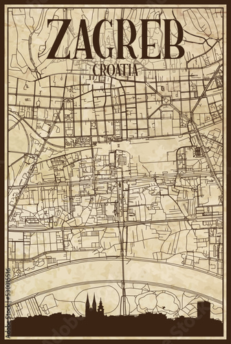 Black printout streets network map with city skyline of the downtown ZAGREB, CROATIA on a vintage paper framed background