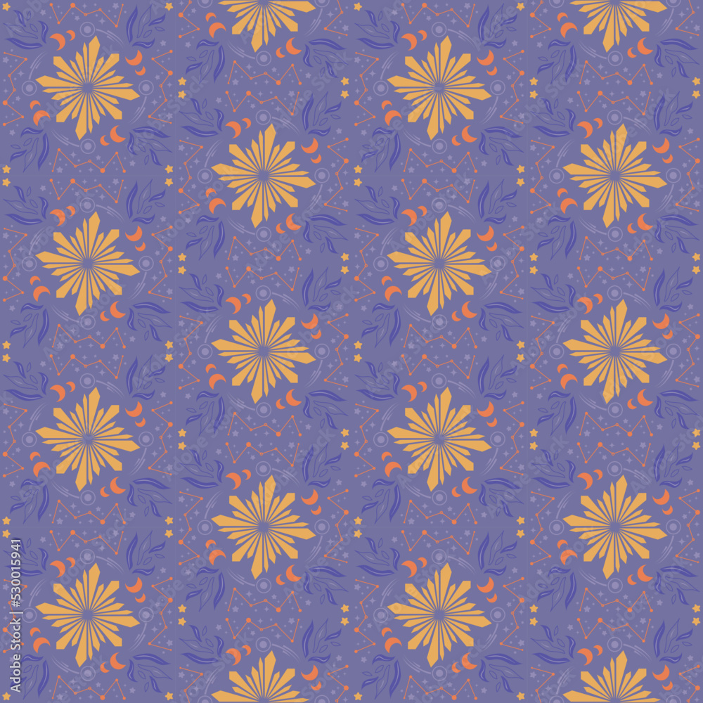Crystal Star Moon Seamless Pattern Background Nature Plant Damask Art