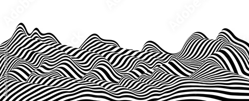 Fotografia Abstract vector 3D lines background, black and white curves linear perspective dimensional terrain optical pattern
