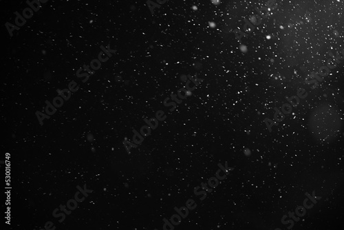 Snowflakes falling down on black background, heavy snow flakes isolated, Flying rain, overlay effect for composition