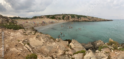 Panoramic view of the small gulf where the Calamosche beach is located. The beach is in the Vendicari nature reserve in the province of Syracuse, Sicily. photo