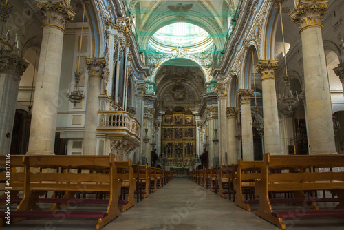 Internal naves of the basilica of San Giorgio, a religious building in Modica, in the province of Ragusa, Italy. This church is considered a masterpiece of the Italian Baroque