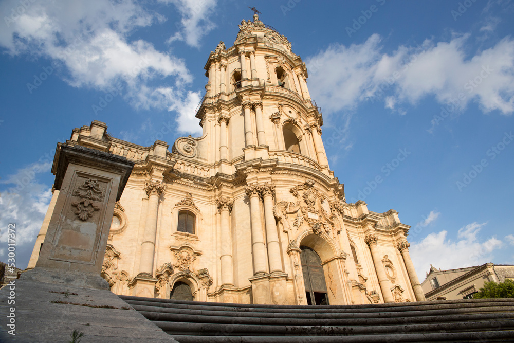 Facade of the basilica of San Giorgio, a religious building in Modica, in the province of Ragusa, Italy. This church is considered a masterpiece of the Italian Baroque