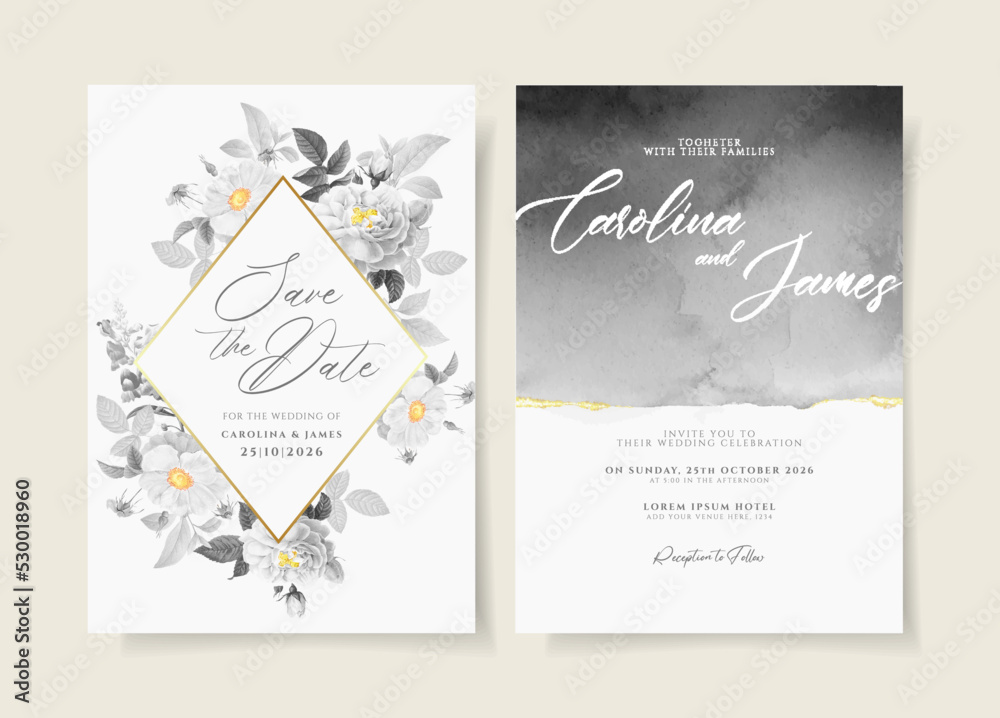 Wedding invitation card template set with floral and leaves decoration