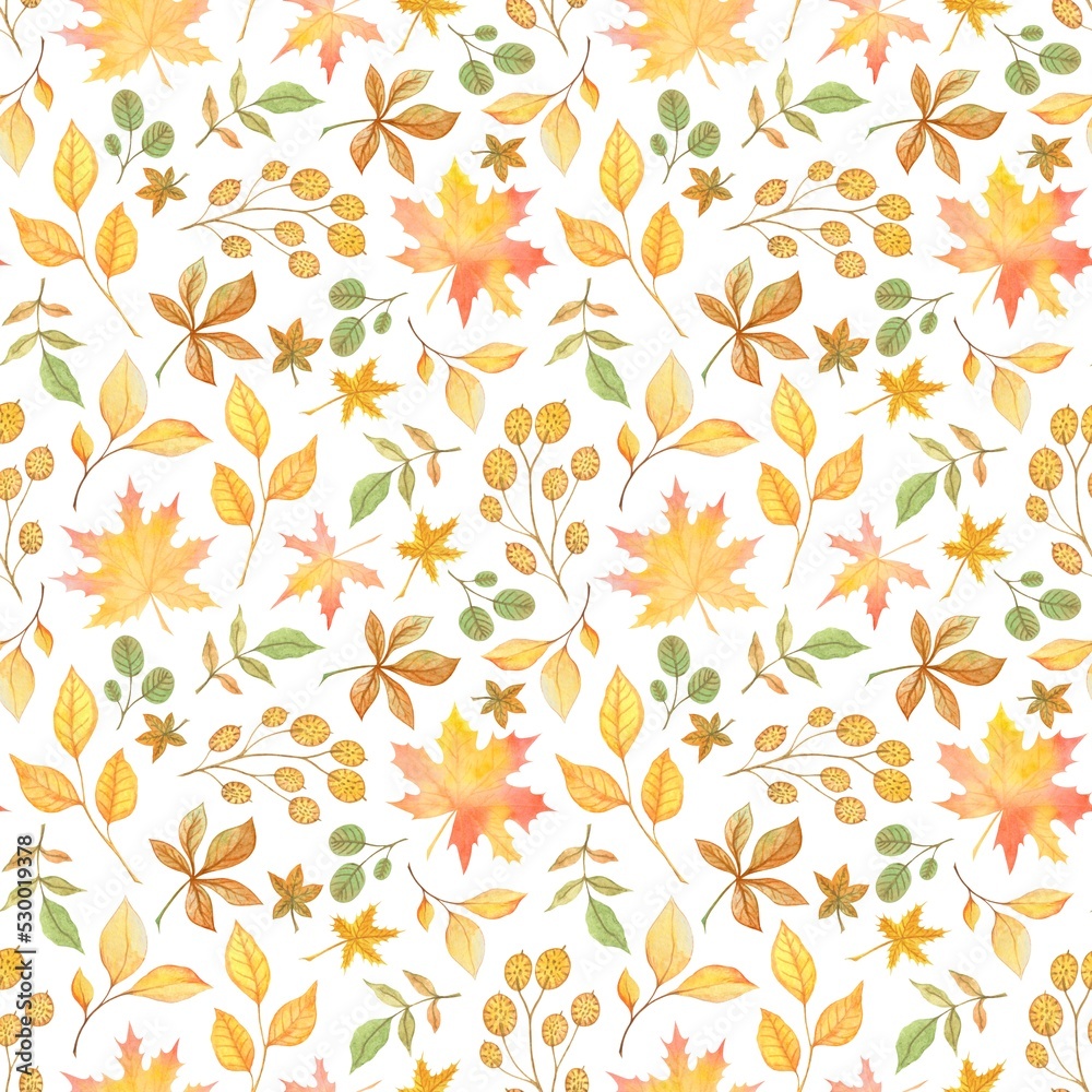 WHITE SEAMLESS PATTERN WITH WATERCOLOR YELLOWING AUTUMN LEAVES WHITE SEAMLESS PATTERN WITH WATERCOLOR YELLOWING AUTUMN LEAVES
