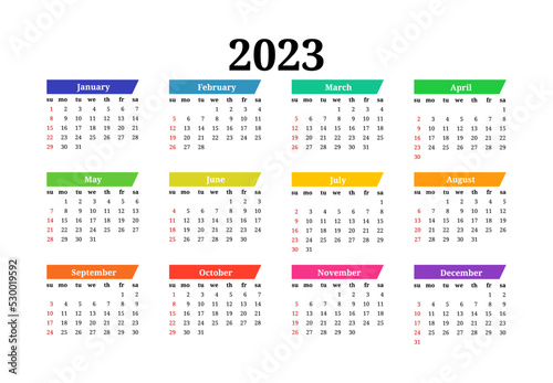Calendar for 2023 isolated on a white background