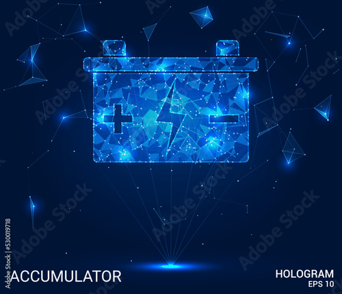 Hologram accumulator. The accumulator consists of polygons, triangles of points and lines. Battery icon low-poly connection structure. Technology concept vector.
