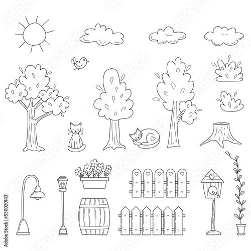 A set of hand-drawn outline trees, clouds, cats, bushes in sketch doodle style.