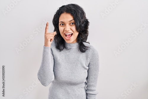 Hispanic woman with dark hair standing over isolated background pointing finger up with successful idea. exited and happy. number one. © Krakenimages.com