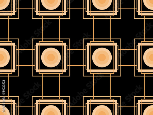 Art deco seamless pattern. Golden art line on black background. Vintage linear art. Design a template for wallpapers, banners and posters. The style of the 1920s - 1930s. Vector illustration