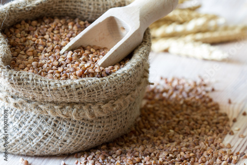 Buckwheat in jute sack on wooden background