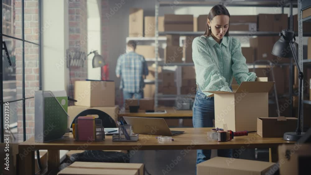 Small Business Owner Works on Laptop Computer while Standing at Her Desk in Warehouse. Female Employee Packing a Stylish Retro Bicycle Seat in the Room with Shelves Full of Cardboard Box Parcels. Small Business Owner Works on Laptop Computer while Standing at Her Desk in Warehouse. Female Employee Packing a Stylish Retro Bicycle Seat in the Room with Shelves Full of Cardboard Box Parcels.