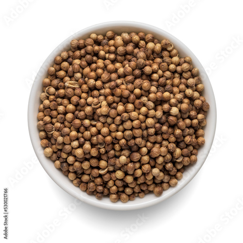 Dry coriander seeds in round bowl isolated on white. Top view.