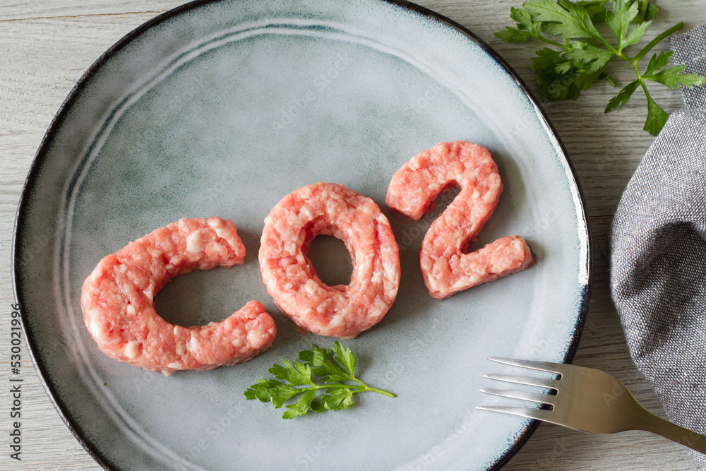 Carbon footprint concept, meat consumption and CO2 emissions, meat on
